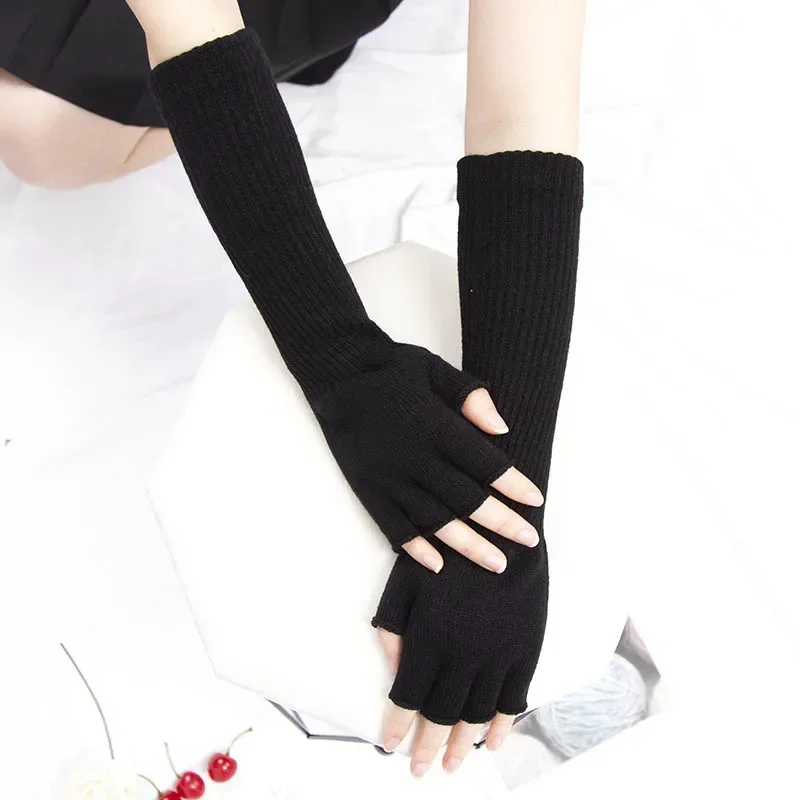 Women Knitted Long Half Finger Gloves Fingerless Gloves for Men Autumn Winter Elastic Warm Workout Cycling Accessories