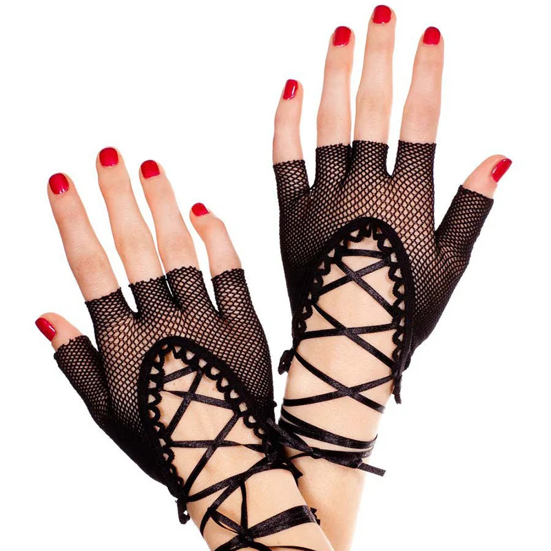 Women Sexy Black Long Fishing Net Mesh Half Finger Lacing Gloves Retro Party Prom Dress Decoration Metal Punk Style Pole Dance