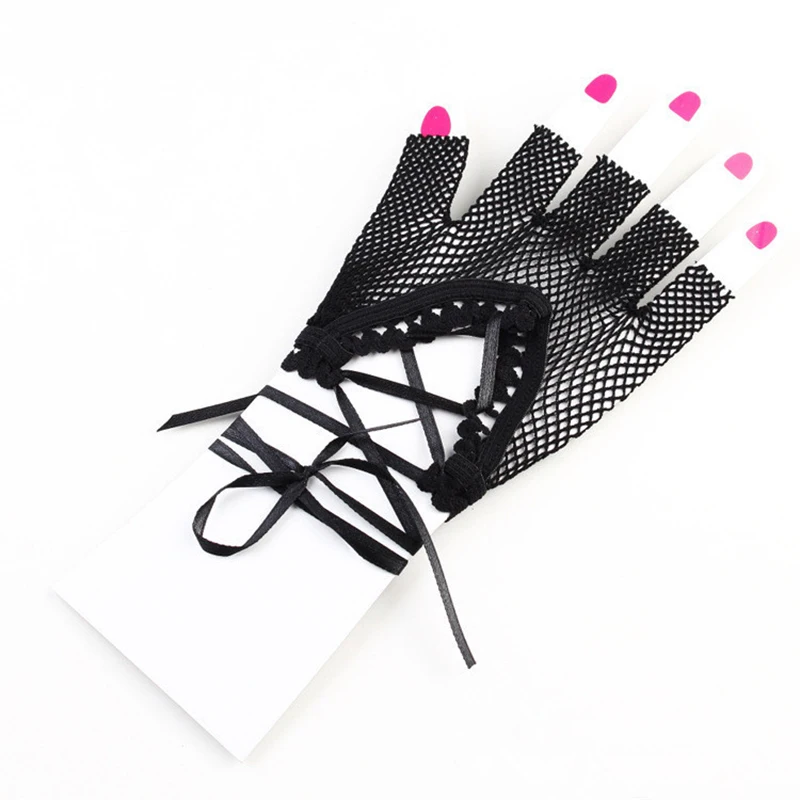 Women Sexy Black Long Fishing Net Mesh Half Finger Lacing Gloves Retro Party Prom Dress Decoration Metal Punk Style Pole Dance
