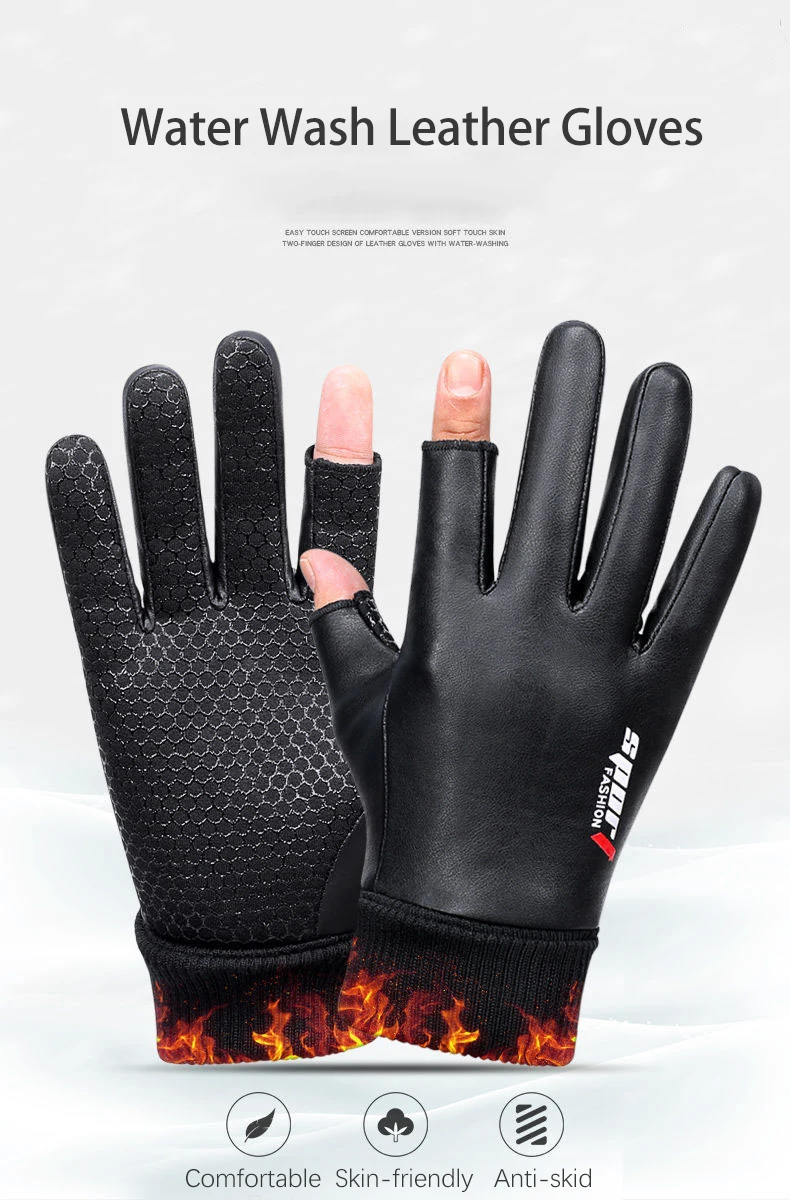 Men's Gloves Cycling Autumn Winter Two-Finger Cut Velvet Warm Non-Slip Male Waterproof Sports Touchscreen Hiking Fishing Gloves