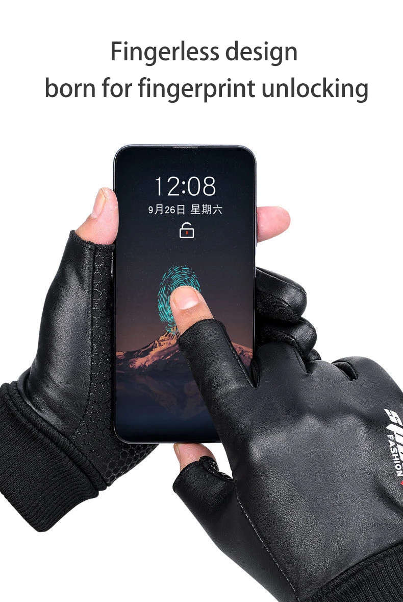 Men's Gloves Cycling Autumn Winter Two-Finger Cut Velvet Warm Non-Slip Male Waterproof Sports Touchscreen Hiking Fishing Gloves