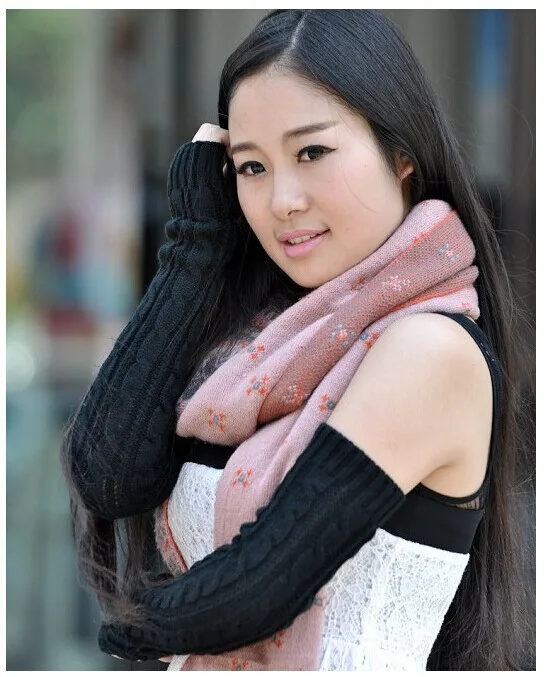 Women Knitted Gloves Winter Long Arm Warmers Cover Sleeves Fingerless Half Finger Mittens Solid Soft Gloves Wool Twisting Cuffs