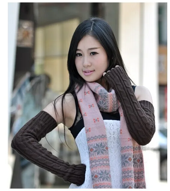 Women Knitted Gloves Winter Long Arm Warmers Cover Sleeves Fingerless Half Finger Mittens Solid Soft Gloves Wool Twisting Cuffs