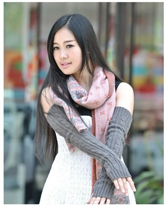 Women Knitted Gloves Winter Long Arm Warmers Cover Sleeves Fingerless Half Finger Mittens Solid Soft Gloves Wool Twisting Cuffs
