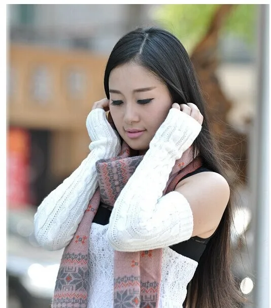 Women Knitted Gloves Winter Long Arm Warmers Cover Sleeves Fingerless Half Finger Mittens Solid Soft Gloves Wool Twisting Cuffs