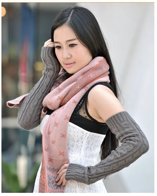 Women Knitted Gloves Winter Long Arm Warmers Cover Sleeves Fingerless Half Finger Mittens Solid Soft Gloves Wool Twisting Cuffs