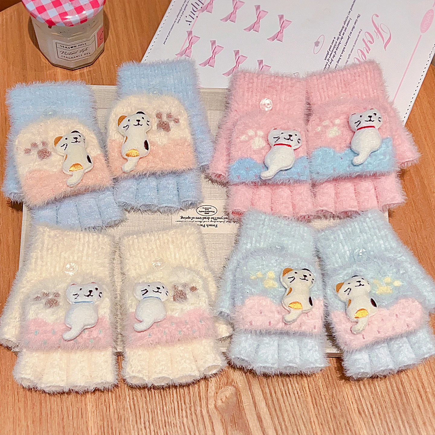 4-7Y Girls Winter 2 in 1 Convertible Flip Gloves Cute 3D Cat Decor Knitted Plush Gloves Kids Paw Print Windproof Thermal Mittens
