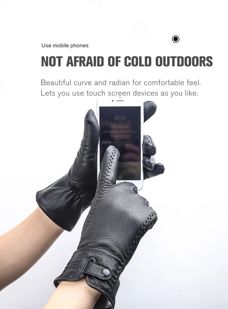 Fashion Sheepskin Sensitive Touch Gloves Black Women's Leather Gloves, Keep Warm Winter Gloves for Touch Screens-2265