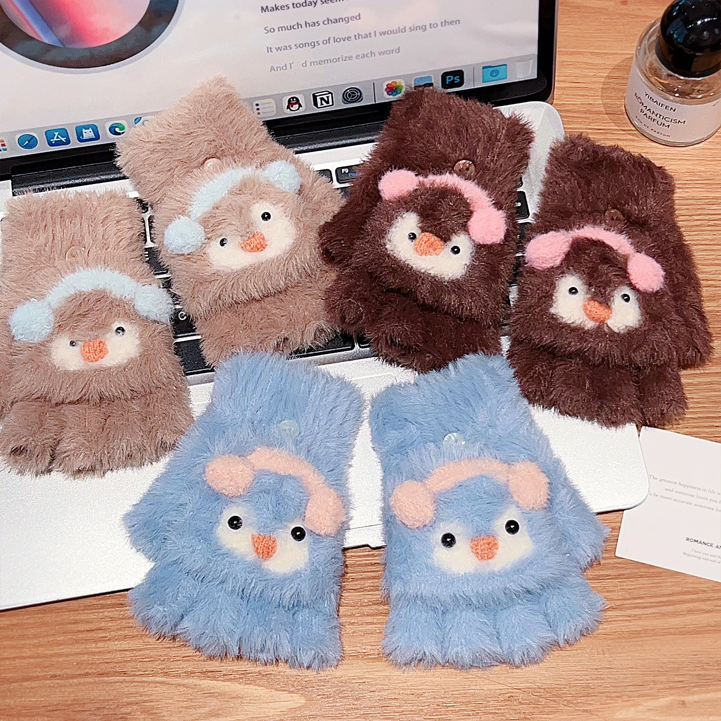 Cute Cartoon Animal Plush Flip Gloves Faux Mink Fur Convertible Half Finger Mittens Soft Warm Winter Gloves For Girls Boy Daily