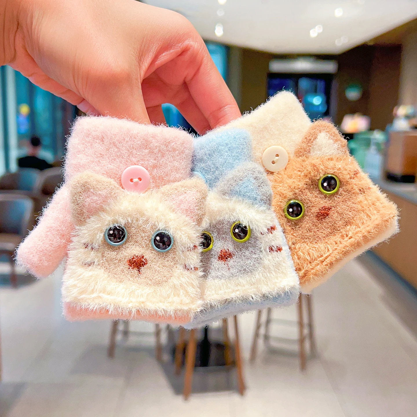 0-3Y Korean Fashion Cartoon Cat Flip Half Finger Gloves For Girls Winter Warm Plush Convertible Mittens Baby Kids Thermal Gloves