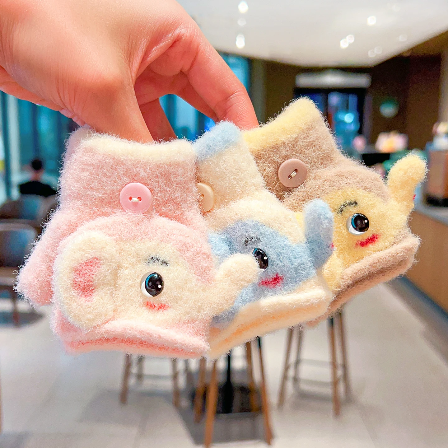 0-3Y Korean Fashion Cartoon Cat Flip Half Finger Gloves For Girls Winter Warm Plush Convertible Mittens Baby Kids Thermal Gloves