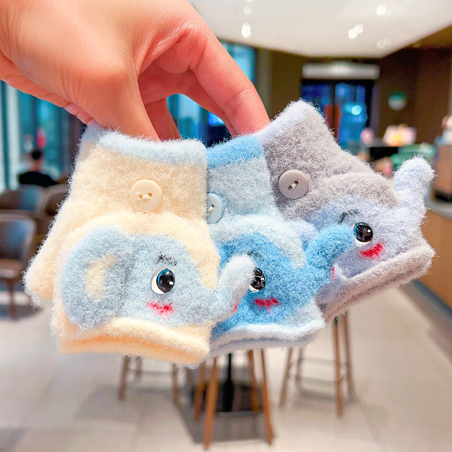 0-3Y Korean Fashion Cartoon Cat Flip Half Finger Gloves For Girls Winter Warm Plush Convertible Mittens Baby Kids Thermal Gloves