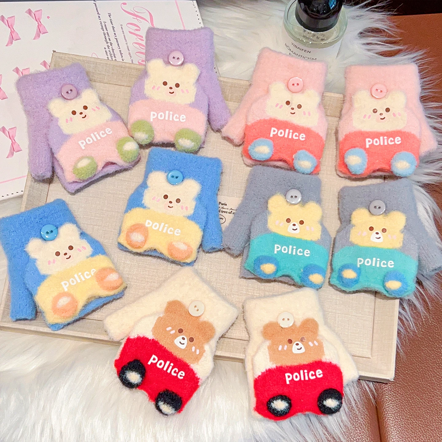 0-3Y Korean Fashion Cartoon Cat Flip Half Finger Gloves For Girls Winter Warm Plush Convertible Mittens Baby Kids Thermal Gloves