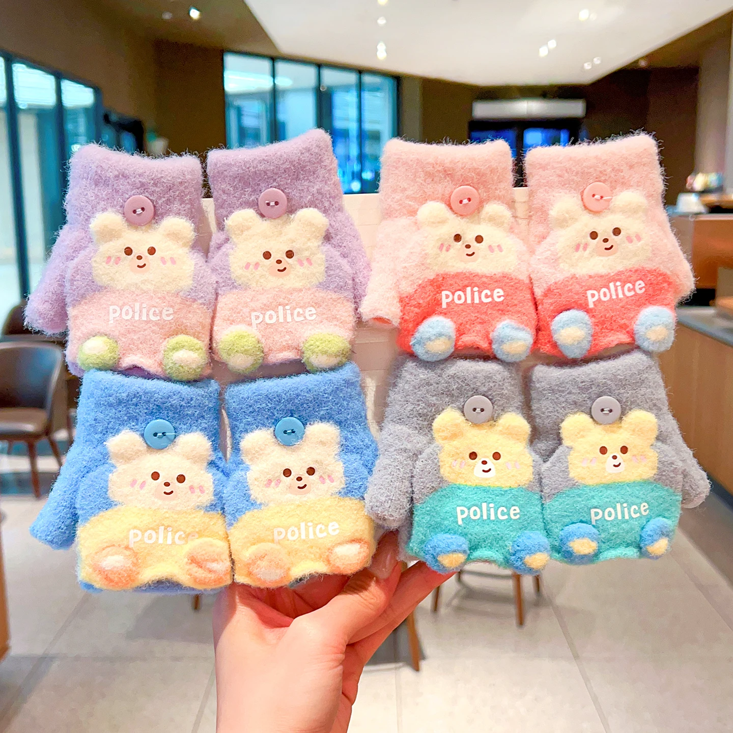 0-3Y Korean Fashion Cartoon Cat Flip Half Finger Gloves For Girls Winter Warm Plush Convertible Mittens Baby Kids Thermal Gloves