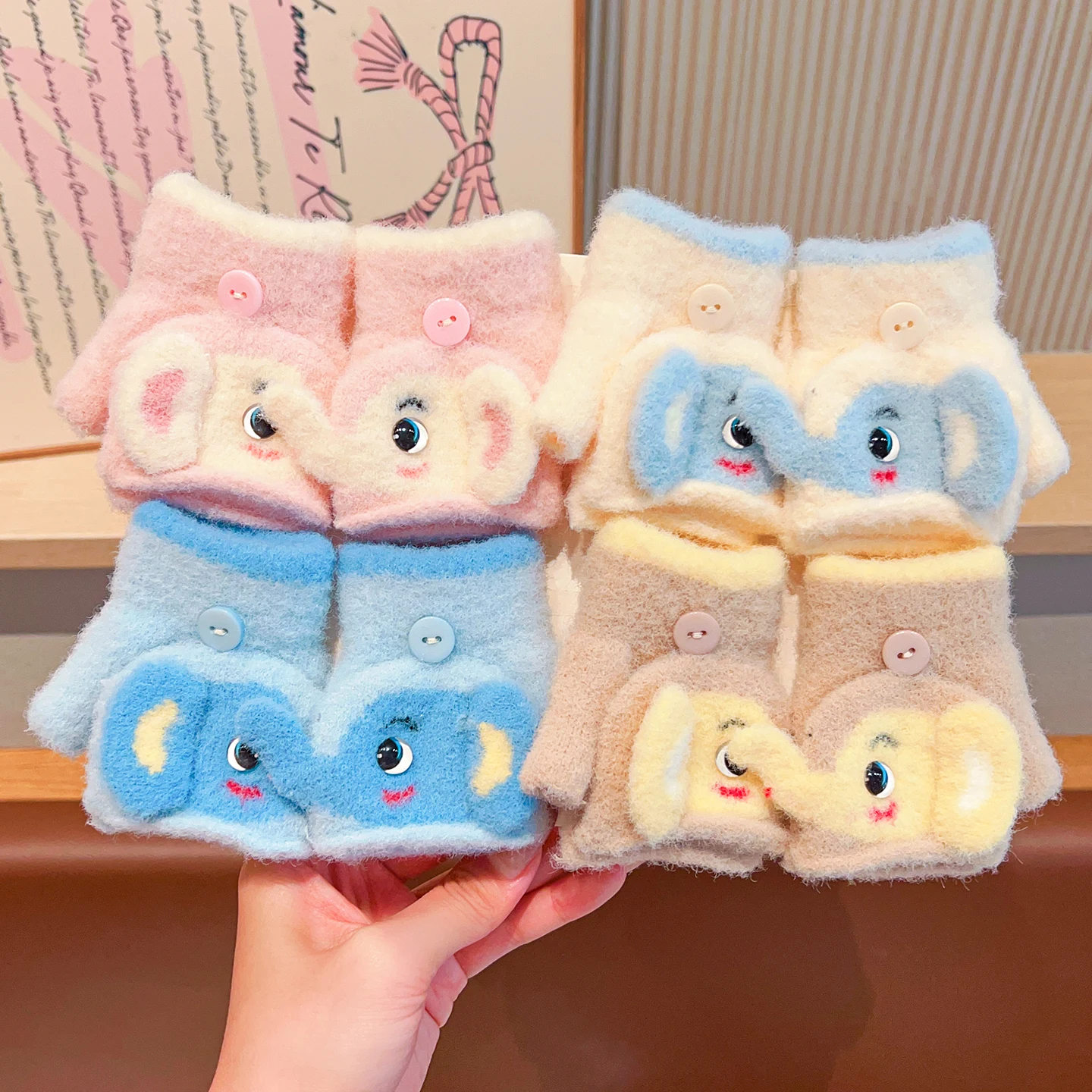 0-3Y Korean Fashion Cartoon Cat Flip Half Finger Gloves For Girls Winter Warm Plush Convertible Mittens Baby Kids Thermal Gloves