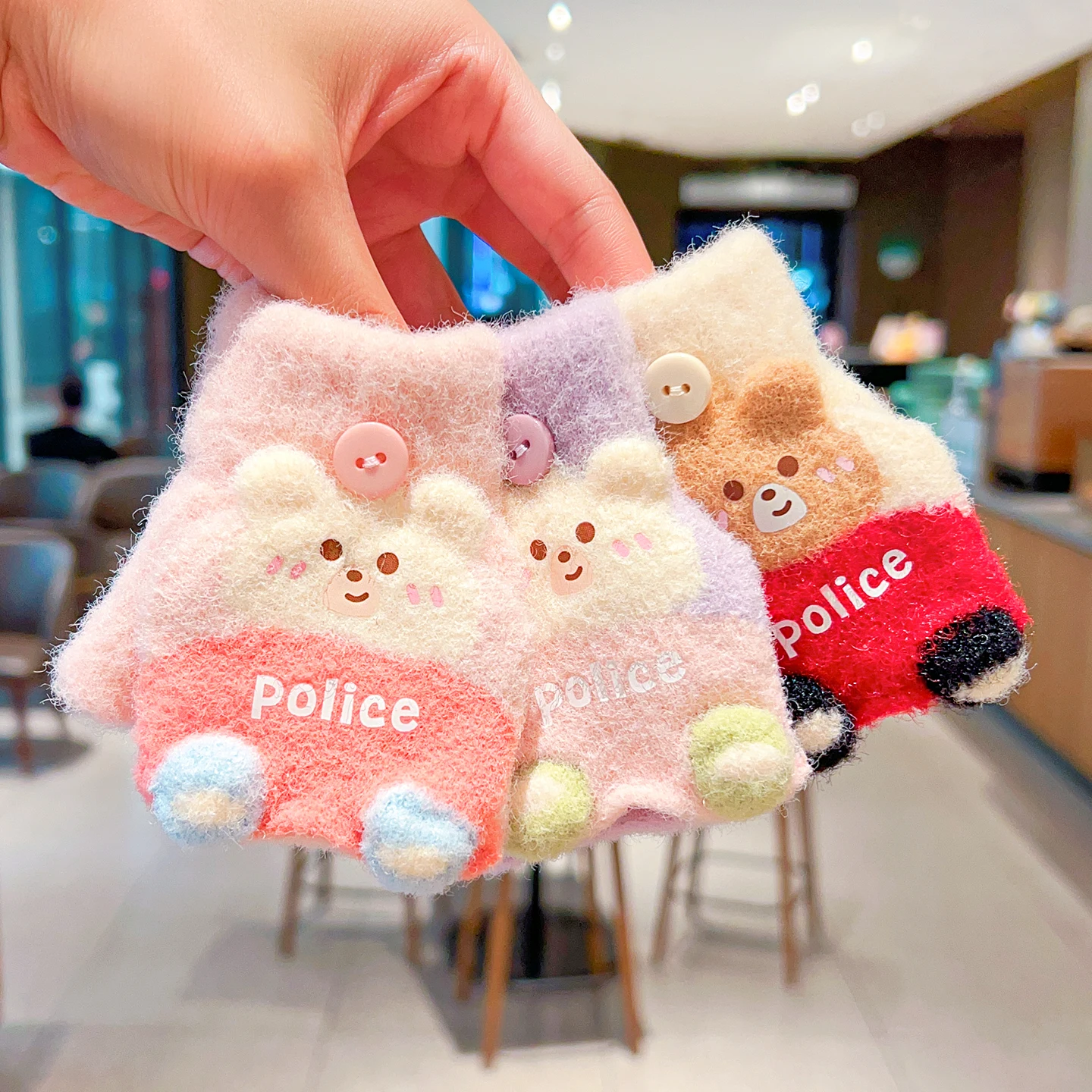 0-3Y Korean Fashion Cartoon Cat Flip Half Finger Gloves For Girls Winter Warm Plush Convertible Mittens Baby Kids Thermal Gloves