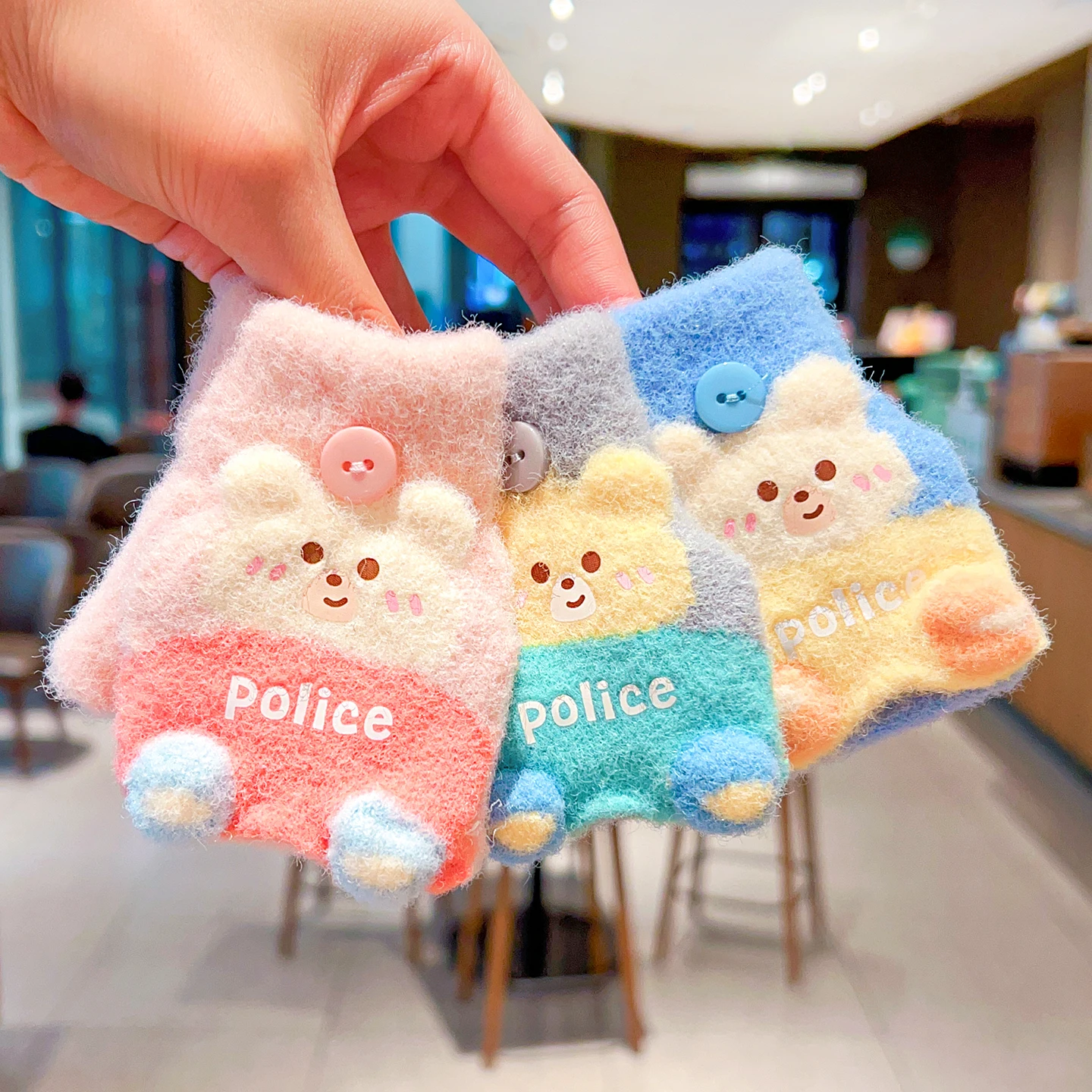 0-3Y Korean Fashion Cartoon Cat Flip Half Finger Gloves For Girls Winter Warm Plush Convertible Mittens Baby Kids Thermal Gloves