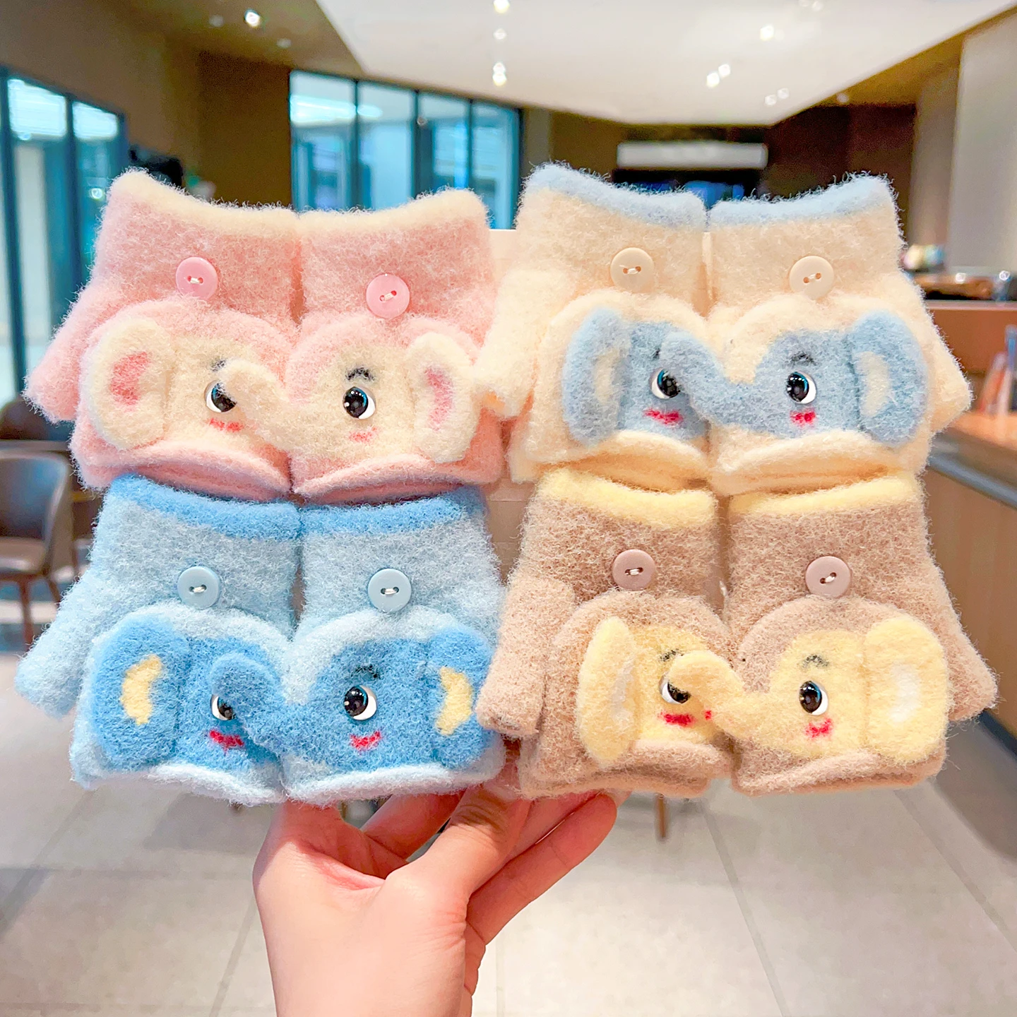 0-3Y Korean Fashion Cartoon Cat Flip Half Finger Gloves For Girls Winter Warm Plush Convertible Mittens Baby Kids Thermal Gloves