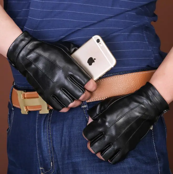 Men's Semi-finger 100% genuine sheepskin leather gloves male natural leather fingerless riding fitness sports gloves R290