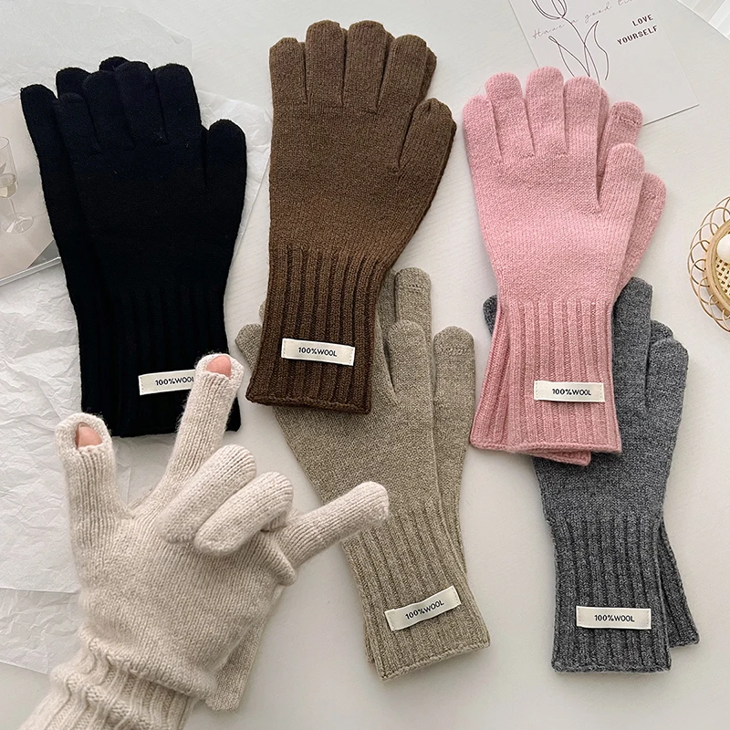 Women 100% Wool Knitted Warm Gloves Autumn Winter Fingerless Gloves Girls Fashion Casual Accessories Mittens Touch Screen Gloves