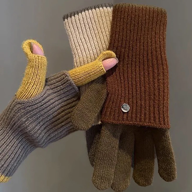 Winter Women's Exposed Finger Touch Screen Warm Long Short Dual-Use Cycling Student Color Blocked Knitted Yarn Gloves