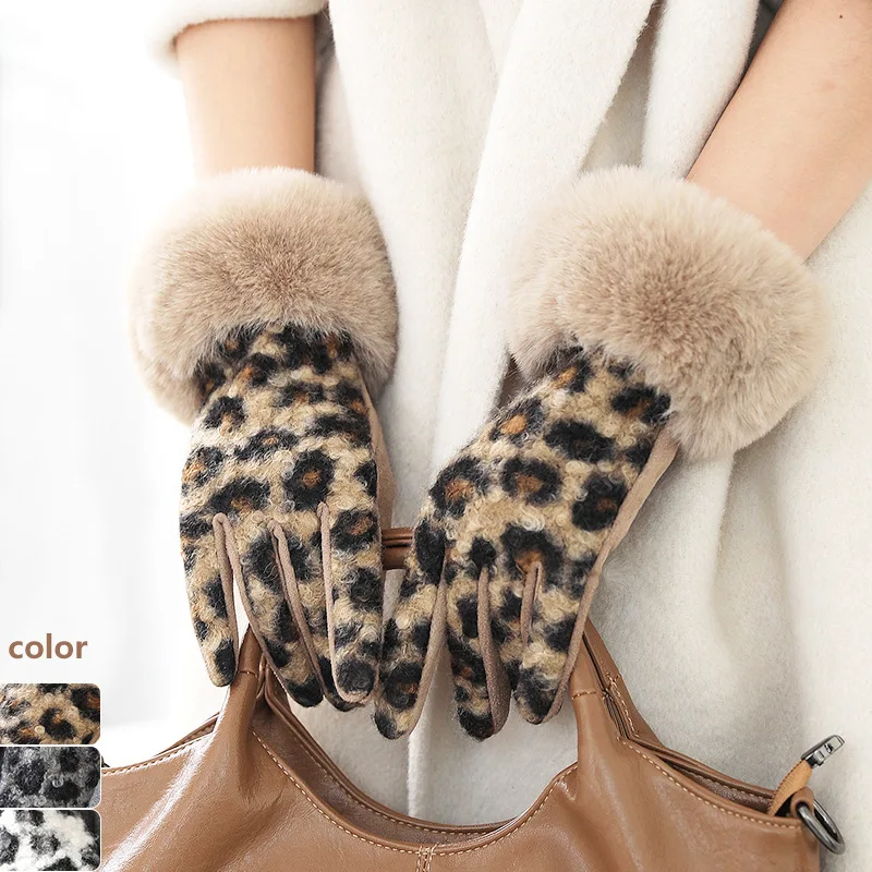 Imitation Lamb Wool Leopard Print Suede Women Winter Keep Warm Touch Screen Gloves Fashion Elegant Hairy Wrists Add Velvet