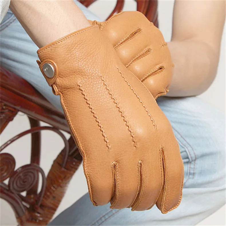 Fashion Luxury Men Deerskin Gloves Button Wrist Solid Genuine Leather Male Winter Driving Glove Em012wr