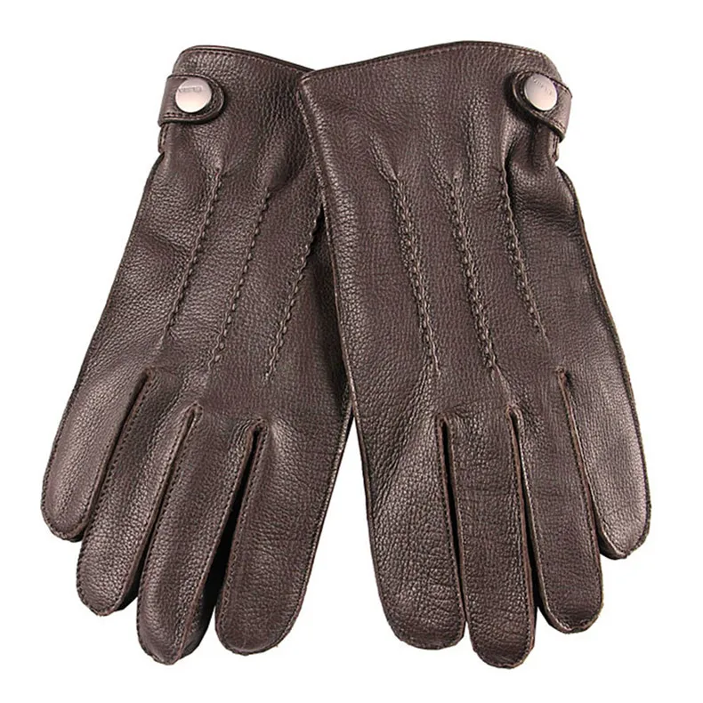 Fashion Luxury Men Deerskin Gloves Button Wrist Solid Genuine Leather Male Winter Driving Glove Em012wr