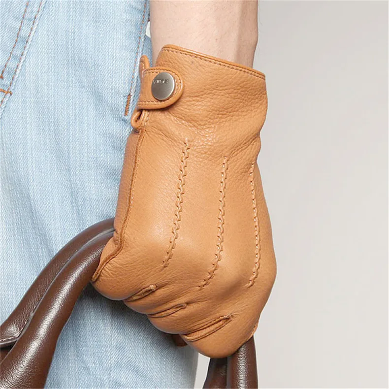 Fashion Luxury Men Deerskin Gloves Button Wrist Solid Genuine Leather Male Winter Driving Glove Em012wr