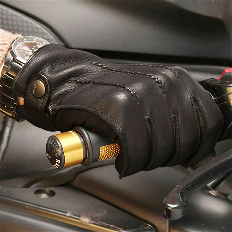 Fashion Luxury Men Deerskin Gloves Button Wrist Solid Genuine Leather Male Winter Driving Glove Em012wr