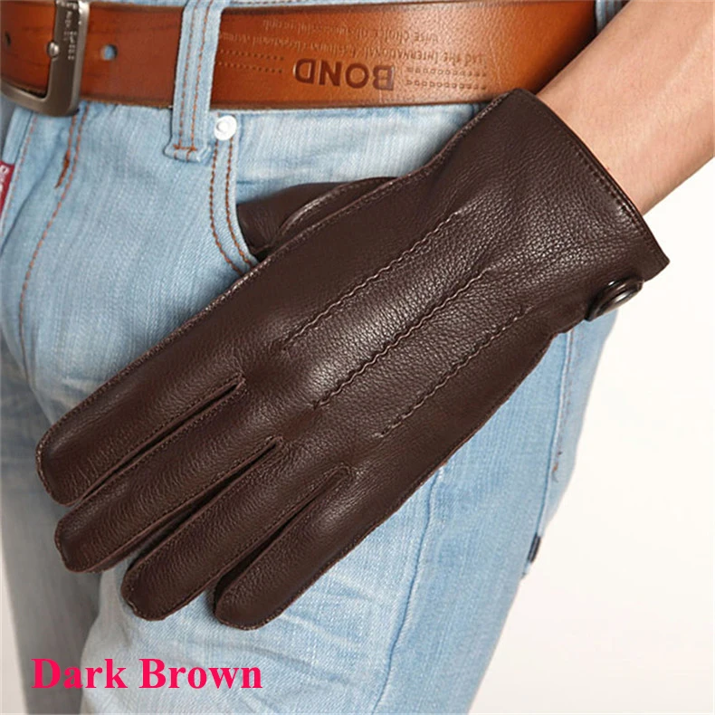 Fashion Luxury Men Deerskin Gloves Button Wrist Solid Genuine Leather Male Winter Driving Glove Em012wr