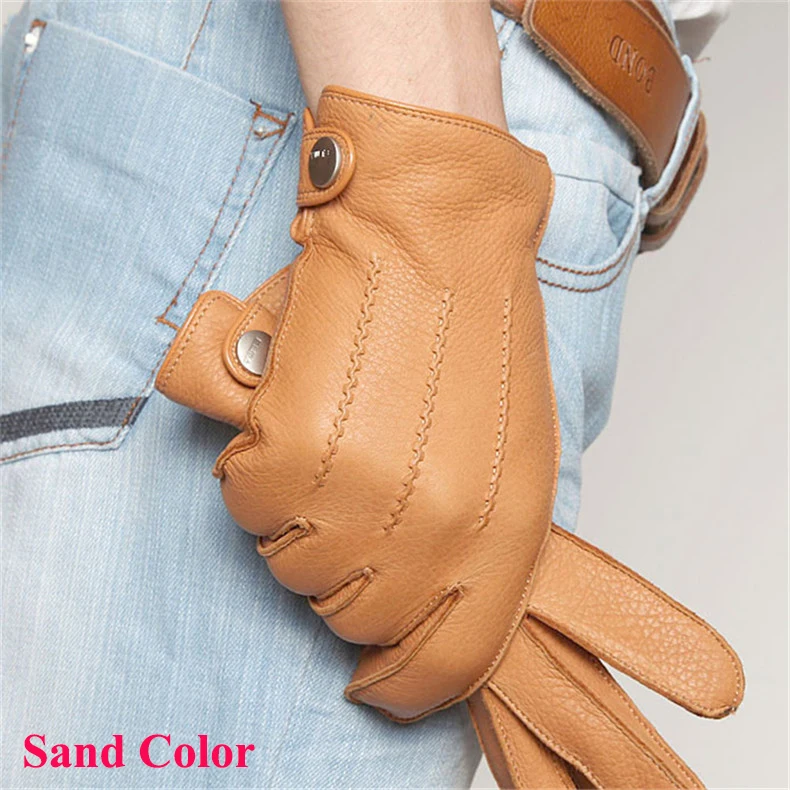 Fashion Luxury Men Deerskin Gloves Button Wrist Solid Genuine Leather Male Winter Driving Glove Em012wr