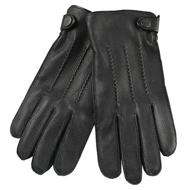 Fashion Luxury Men Deerskin Gloves Button Wrist Solid Genuine Leather Male Winter Driving Glove Em012wr