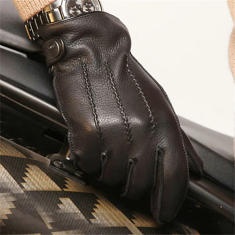 Fashion Luxury Men Deerskin Gloves Button Wrist Solid Genuine Leather Male Winter Driving Glove Em012wr