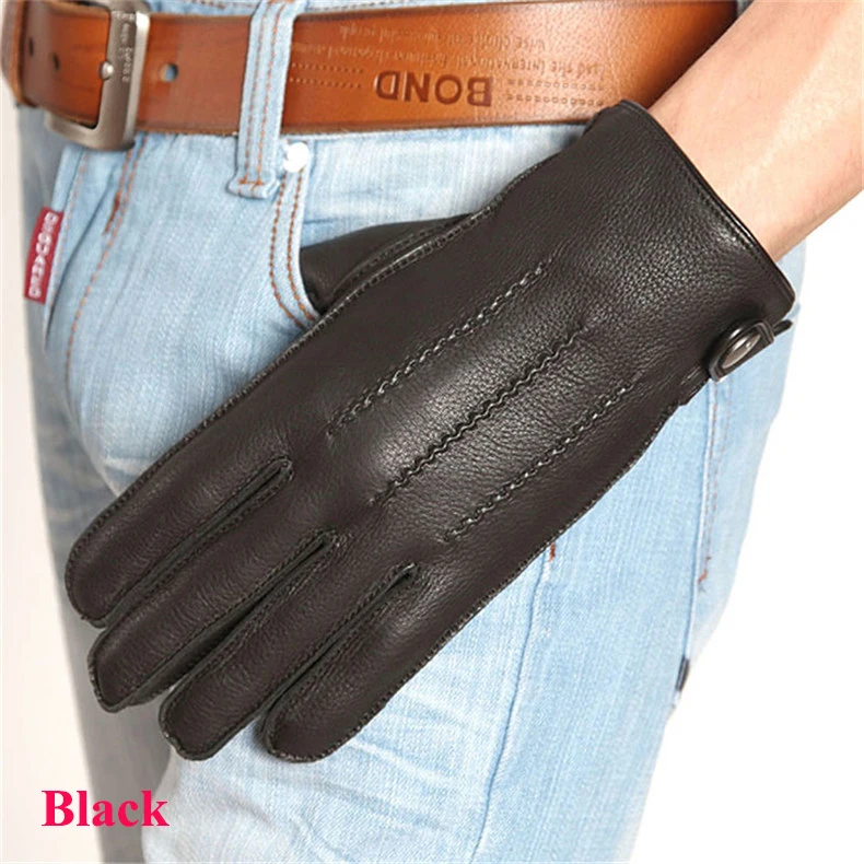 Fashion Luxury Men Deerskin Gloves Button Wrist Solid Genuine Leather Male Winter Driving Glove Em012wr