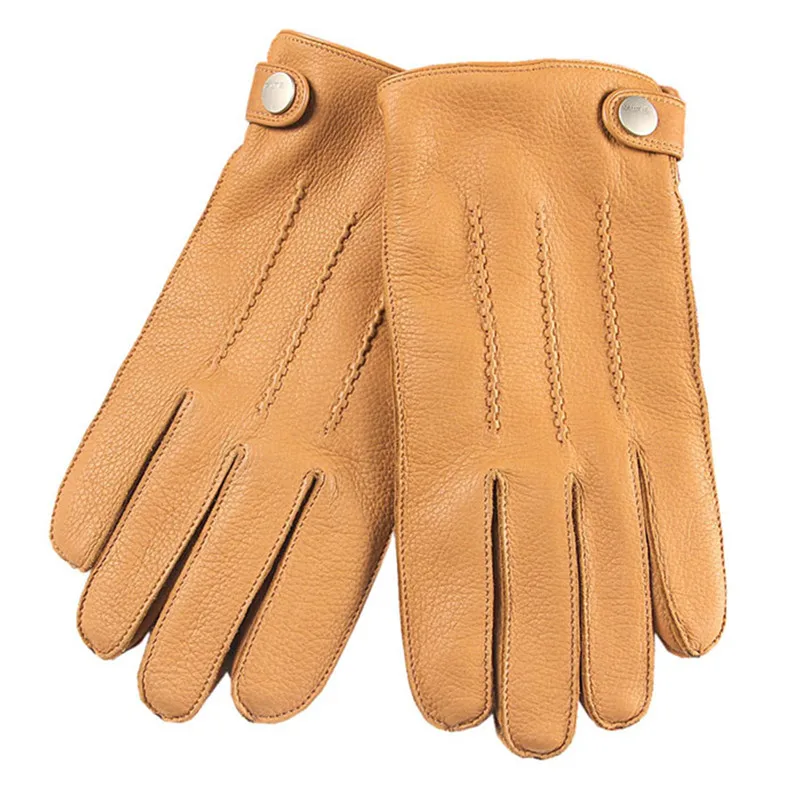 Fashion Luxury Men Deerskin Gloves Button Wrist Solid Genuine Leather Male Winter Driving Glove Em012wr