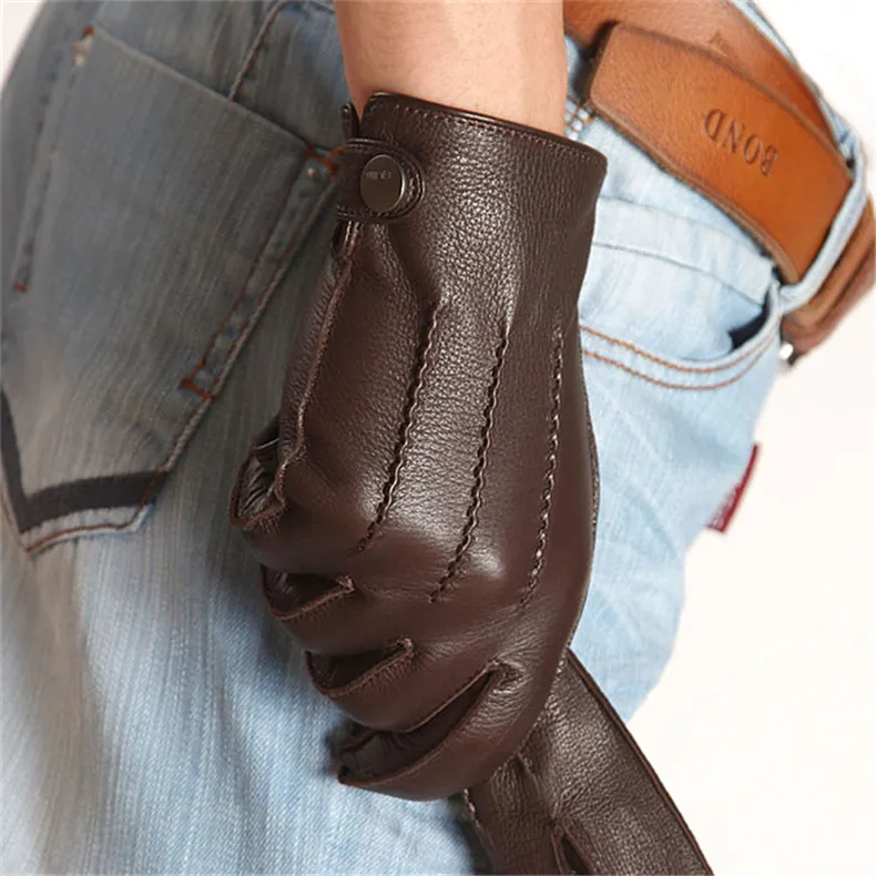 Fashion Luxury Men Deerskin Gloves Button Wrist Solid Genuine Leather Male Winter Driving Glove Em012wr
