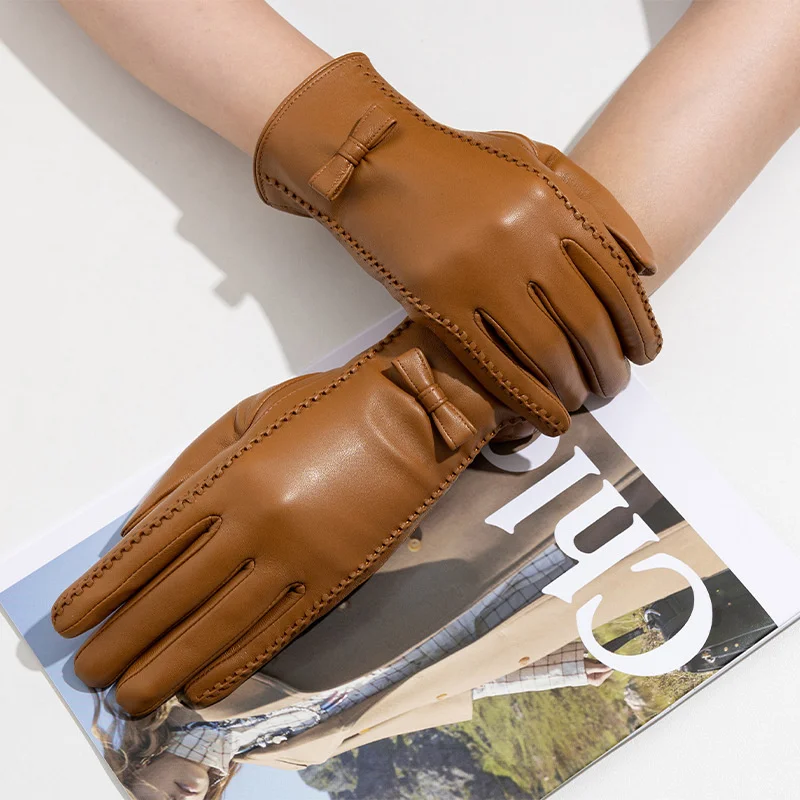 New women's Sheepskin Gloves Winter Velvet Warm Grey Beige Fashion Bow Windproof Riding Driving Gloves Autumn