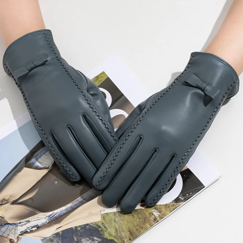 New women's Sheepskin Gloves Winter Velvet Warm Grey Beige Fashion Bow Windproof Riding Driving Gloves Autumn
