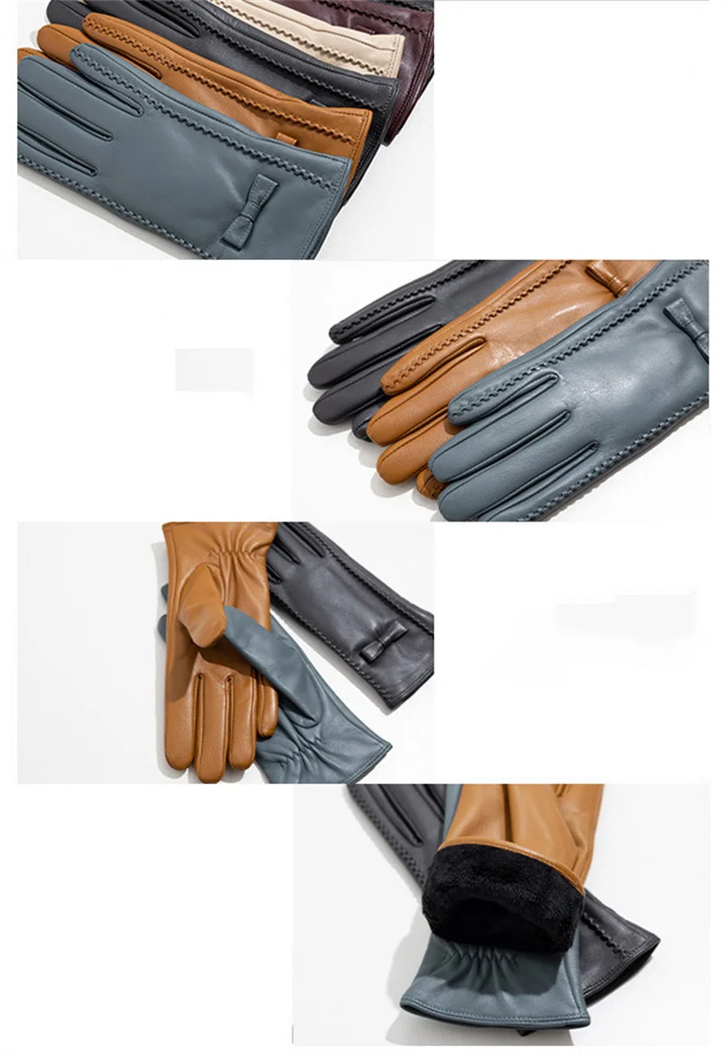 New women's Sheepskin Gloves Winter Velvet Warm Grey Beige Fashion Bow Windproof Riding Driving Gloves Autumn