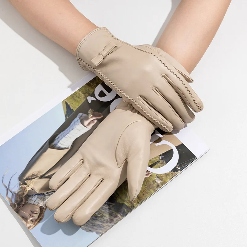 New women's Sheepskin Gloves Winter Velvet Warm Grey Beige Fashion Bow Windproof Riding Driving Gloves Autumn