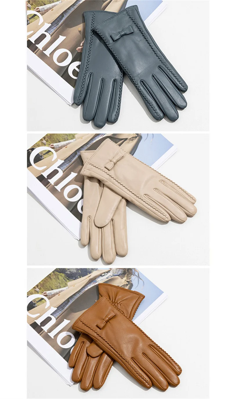 New women's Sheepskin Gloves Winter Velvet Warm Grey Beige Fashion Bow Windproof Riding Driving Gloves Autumn
