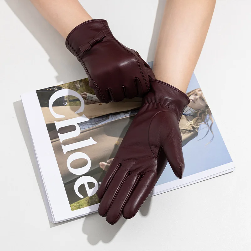 New women's Sheepskin Gloves Winter Velvet Warm Grey Beige Fashion Bow Windproof Riding Driving Gloves Autumn