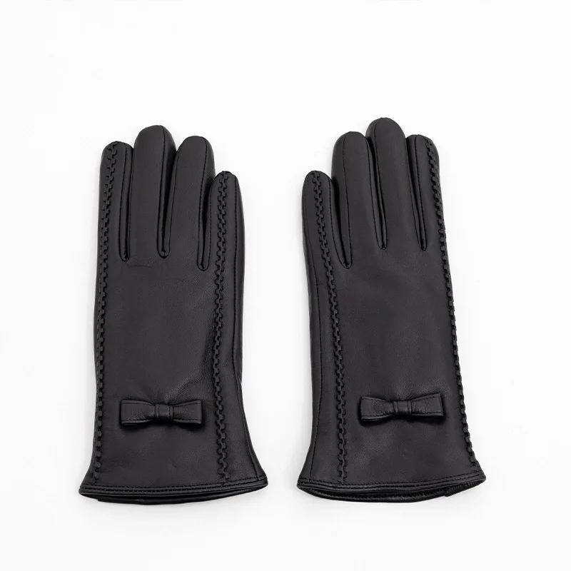 New women's Sheepskin Gloves Winter Velvet Warm Grey Beige Fashion Bow Windproof Riding Driving Gloves Autumn