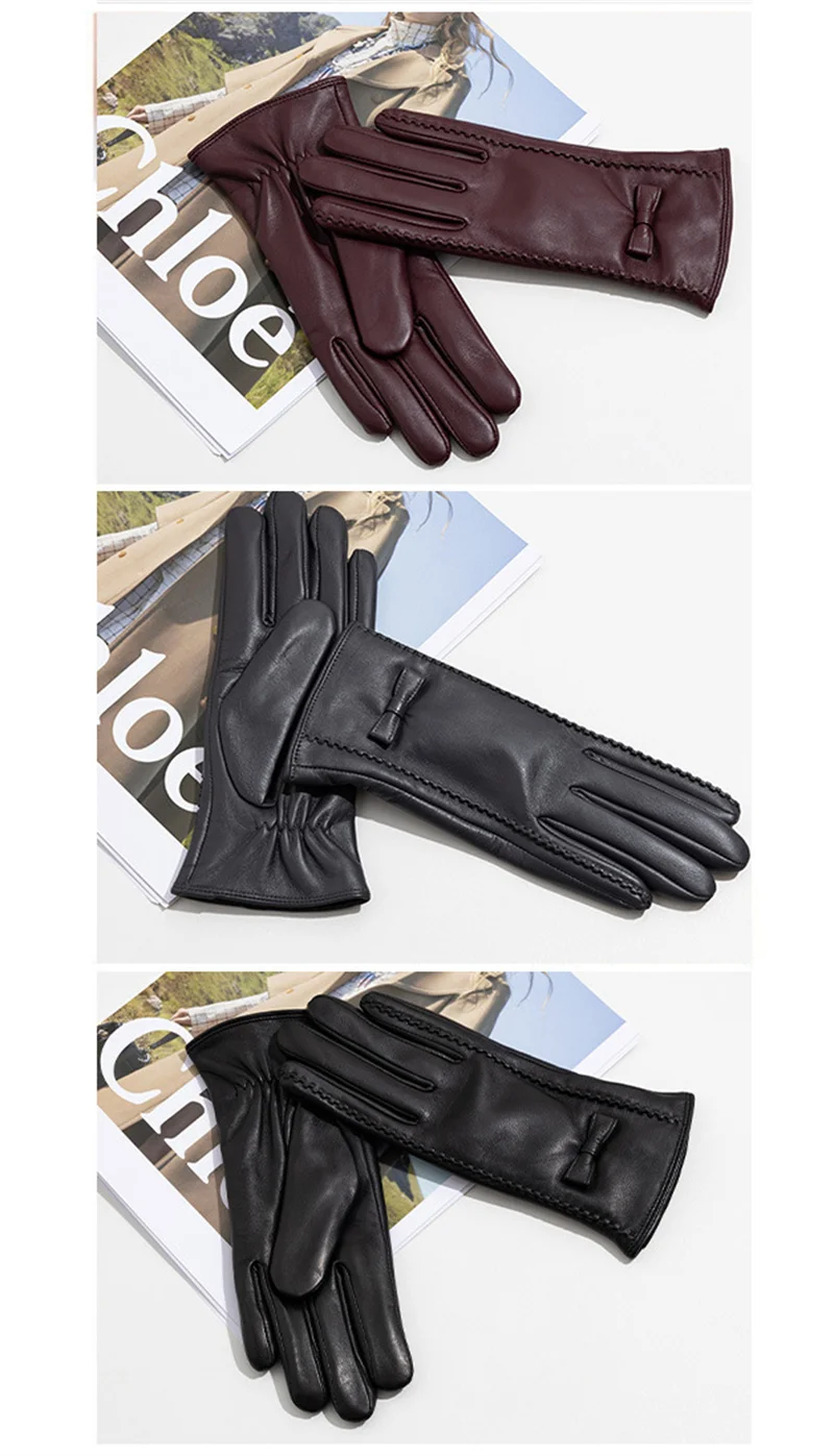 New women's Sheepskin Gloves Winter Velvet Warm Grey Beige Fashion Bow Windproof Riding Driving Gloves Autumn