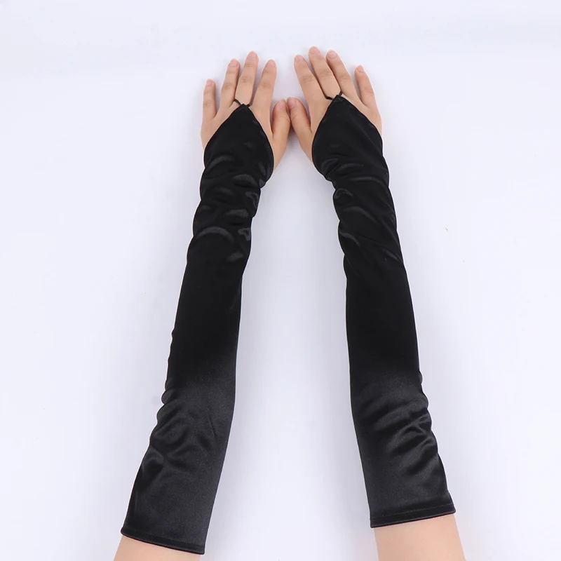 48cm Vintage 1920s Fingerless Satin Party Gloves Bride Dress Dinner Costume Accessories Stretch Opera Black Women Long Gloves