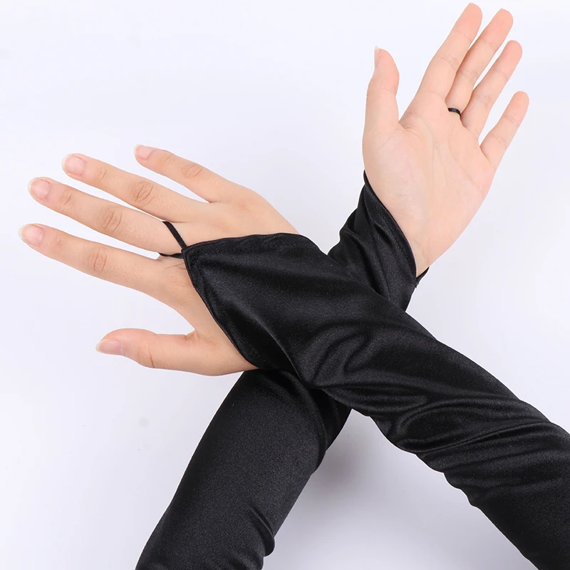 48cm Vintage 1920s Fingerless Satin Party Gloves Bride Dress Dinner Costume Accessories Stretch Opera Black Women Long Gloves