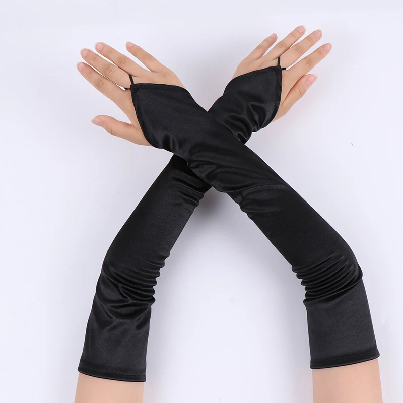 48cm Vintage 1920s Fingerless Satin Party Gloves Bride Dress Dinner Costume Accessories Stretch Opera Black Women Long Gloves