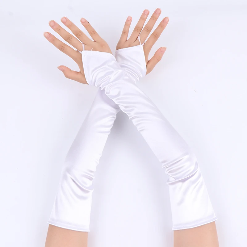48cm Vintage 1920s Fingerless Satin Party Gloves Bride Dress Dinner Costume Accessories Stretch Opera Black Women Long Gloves