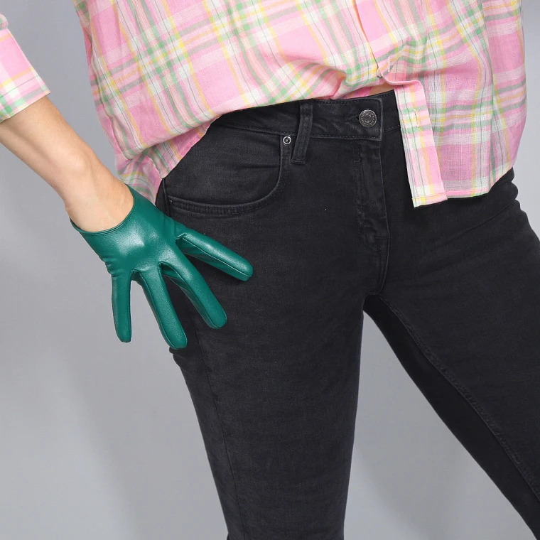 LONG GLOVES Faux Leather Sheepskin 16" 40cm Kelly Green Forest Emerald Touchscreen LLDLLNT